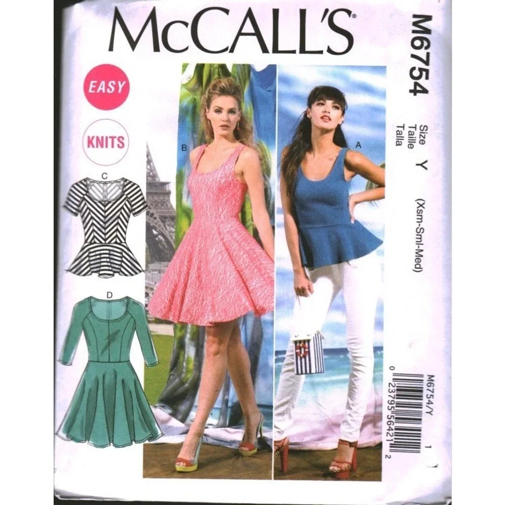 McCall's M6754 Sewing Pattern Misses Peplum Tops and Flared Dresses Size XS S M